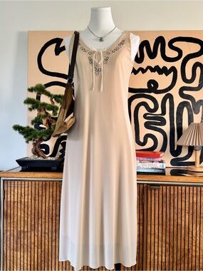 Y2K Vintage Boho Cream Slip Dress  Embroidered Size M
